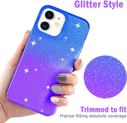 JJGoo iPhone 11 Case, Blue & Purple Gradient Clear Glitter Sparkle Shock Absorption Protective Phone Case for Women