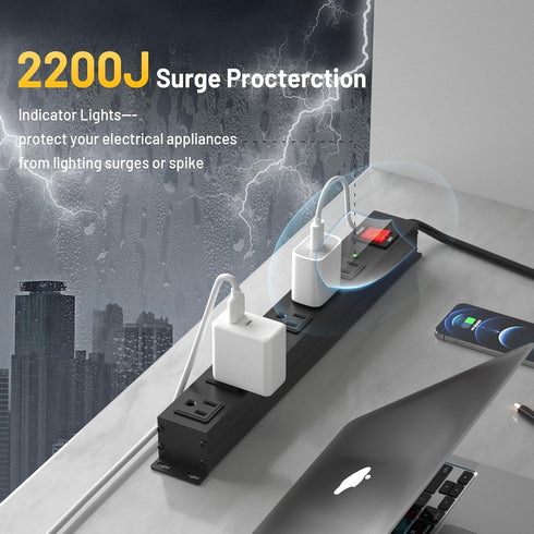 KF 6 Outlet Metal Wall Mount Power Strip, 2200J Surge Protection, 15A/1875W with Upgraded Switch and 12FT Cord