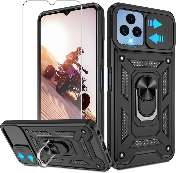T-Mobile REVVL 6 5G Case with HD Screen Protector, Black Military Grade 360° Rotation Ring Kickstand for Revvl 6X 5G.