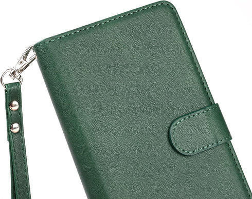 Jaorty Wallet Case for iPhone XR, 9 Card Slots, Wrist Strap, Zipper Cash Pocket, Shockproof Slim Case (Dark Green)