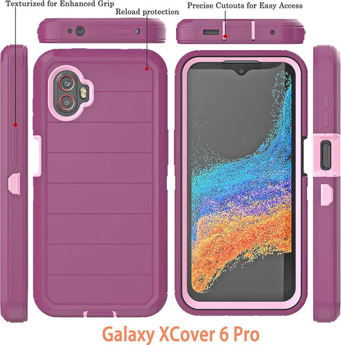 Galaxy Xcover 6 Pro Case with Built-in Screen Protector, 3-Layer Durable Shockproof Armor Drop Protection, Wine Red/Pink