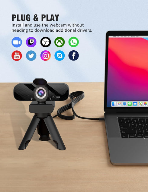 GOZVRPU 1080P Streaming-Black-1 HD Webcam with Built-in Microphone, Rotatable Tripod, Wide-Angle Lens,Privacy Cover