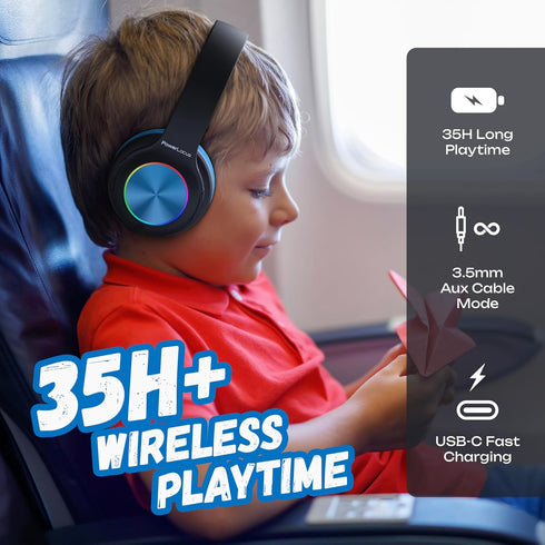PowerLocus PLED Kids Bluetooth Headphones, Wireless Headphones with LED Lights, 74/85/94dB Safe Volume, Micro SD, AUX