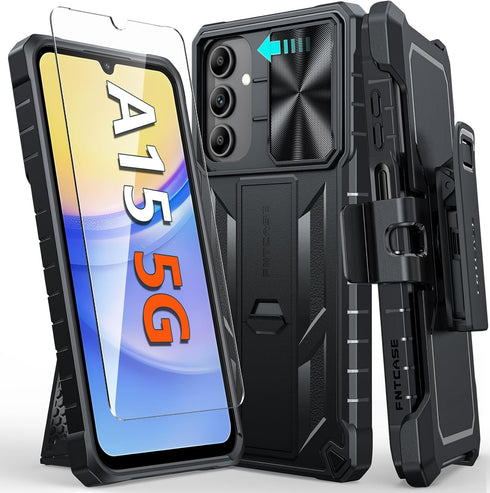 FNTCASE Galaxy A15-5G Case: Rugged, Military-Grade Shockproof Protection, Kickstand & Holster, 6.5" Black Heavy Duty