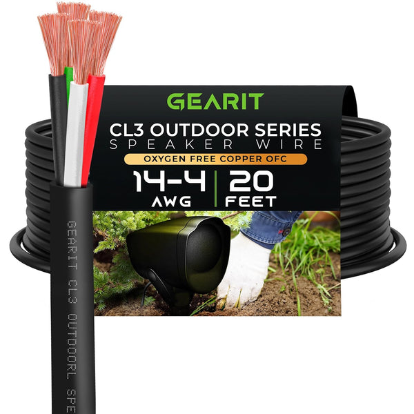 GearIT 14/4 Speaker Wire, 20 Feet 14AWG Gauge, Black 4-Conductors, OFC Oxygen-Free Copper