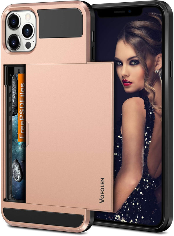 Vofolen Compatible with iPhone 12 Pro Case, Wallet Cover with Credit Card Holder, Anti-Scratch Dual Layer, Rose Gold