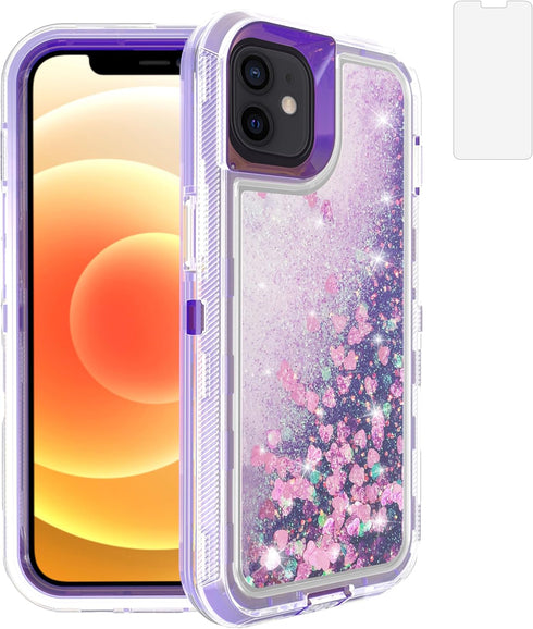 Asuwish iPhone 12 Mini Case 5.4" - Bling Liquid Glitter, Clear Hybrid Silicone, Military Grade Protection, Purple.