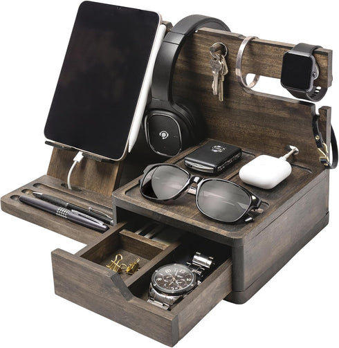 Nightstand Organizer - Rustic Bedside Organizer for Cellphone, Watch, Sunglasses & Accessories, Unique Gifts for Dad or