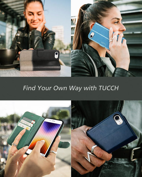 TUCCH Wallet Case for iPhone SE 2022/SE 2020/8/7, PU Leather Folio with Stand, Card Slot, Midnight Green