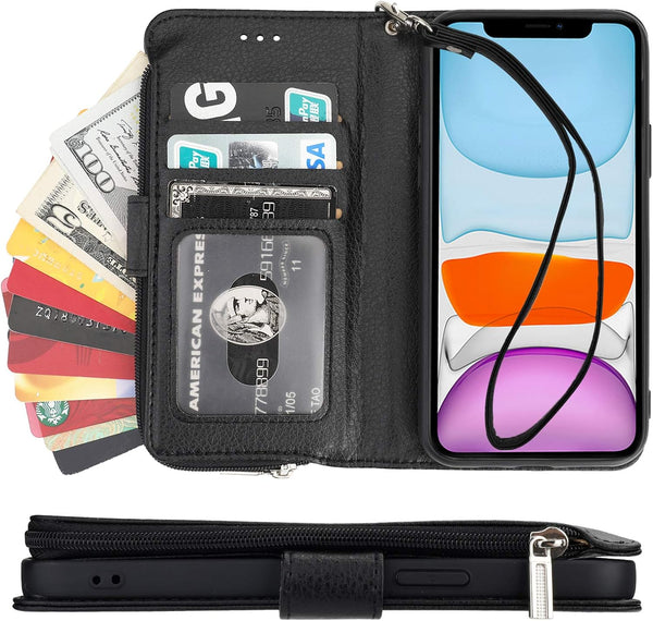 KIHUWEY iPhone 12 Pro Wallet Case Leather Zipper with Card Holder, Kickstand and Protective Lanyard Purse Cover