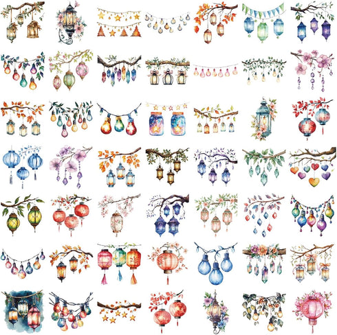 Tufeifrank 50PCS Watercolor Hanging Lantern and String Light StickersClear Tree Branch Scrapbook Stickers