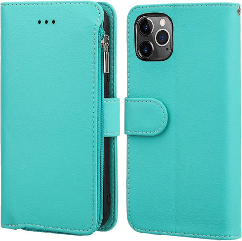 KIHUWEY Wallet Case for iPhone 12 Pro Max, Premium Leather Zipper with Card Holder and Wrist Strap - Mint Green