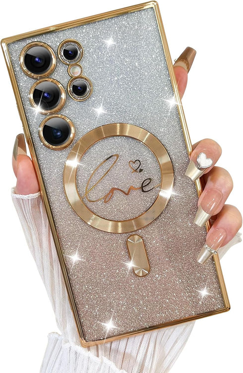 Fiyart Case for Samsung Galaxy S24 Ultra, Magnetic Glitter Clear Phone Case with Love Heart Plating Camera Protection -