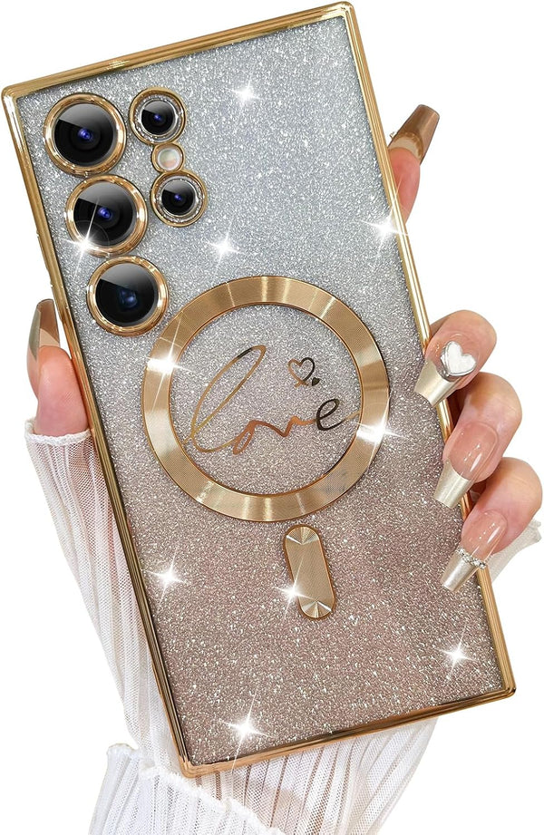 Fiyart Case for Samsung Galaxy S24 Ultra, Magnetic Glitter Clear Phone Case with Love Heart Plating Camera Protection -