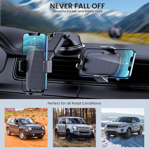 TICILFO Car Phone Mount, Military-Grade Suction & Stable Clip for Windshield Dashboard, Universal Fit