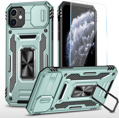 iPhone 11 Case by SunStory (Z_Green) - Military-Grade, HD Screen Protector, Slide Camera Cover & Kickstand.