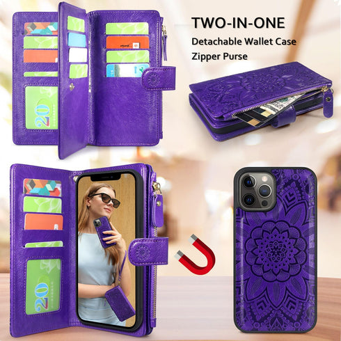 Harryshell Compatible with iPhone 12 Pro Max 6.7 Case Wallet, Detachable Magnetic Zipper Leather with Cash Pocket & 12