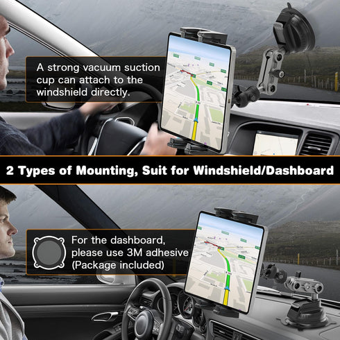 Aluminum Heavy Duty Tablet Mount for Car/Truck, 360 Adjustable 2-stage Tablet Stand Holder for Commercial Vehicle Dashboard Windshield, Compatible with iPad Pro/Air/Mini 4.7-12.9" Tablets Cellphones