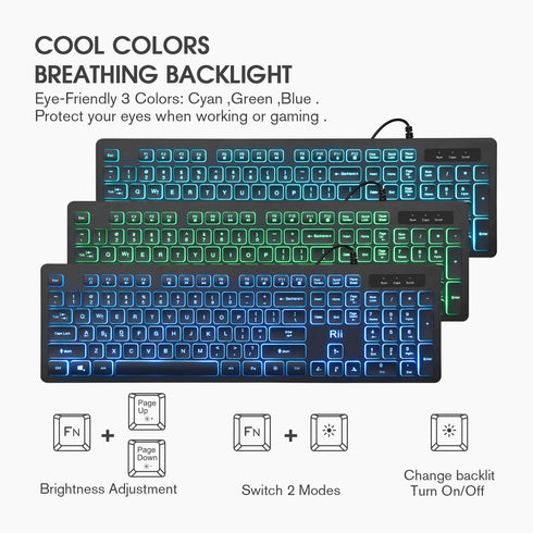 Rii Wired Keyboard and Mouse Combo, Three Colors Backlit, Quiet Input Gaming Set for School and Office