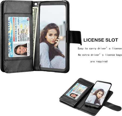 NJJEX for Galaxy S8+ Case - PU Leather Wallet Case with 9 Card Slots, Detachable Kickstand, Black