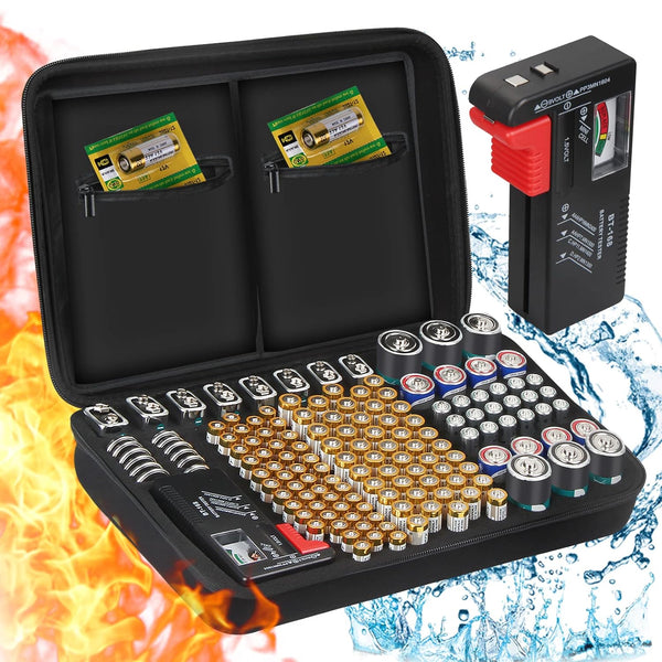 ENSOBO Battery Storage Organizer, Hard Case Holds 148 Types of Batteries (AA AAA C D 9V), Waterproof Fireproof