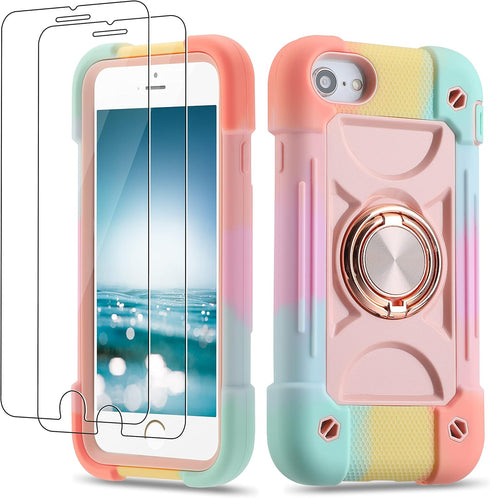 Heavy-Duty Military Grade Rugged Case for iPhone SE3/SE2/6/6S/7/8 4.7" with Ring Stand & 2 Screen Protectors (Rainbow
