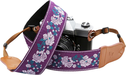 Padwa Lifestyle Purple Flowers Embroidered Camera Strap, 2" Cotton Vintage Straps with Double Layer Cowhide Ends