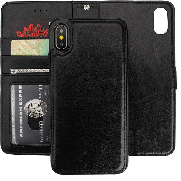 Bocasal Wallet Case for iPhone Xs Max with Card Holder, PU Leather, Magnetic Detachable Kickstand, Shockproof, Wrist