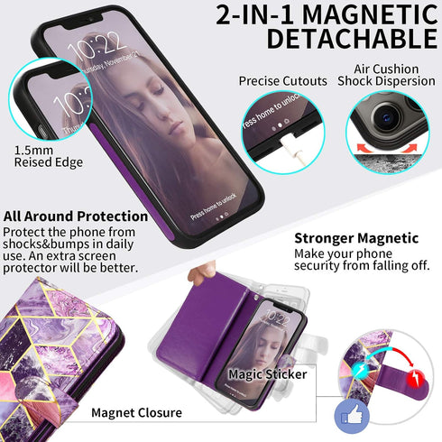CASEOWL iPhone 13 Pro Max Wallet Case, Magnetic Detachable Leather Flip with 9 Card Holder, Strap, Marble Purple