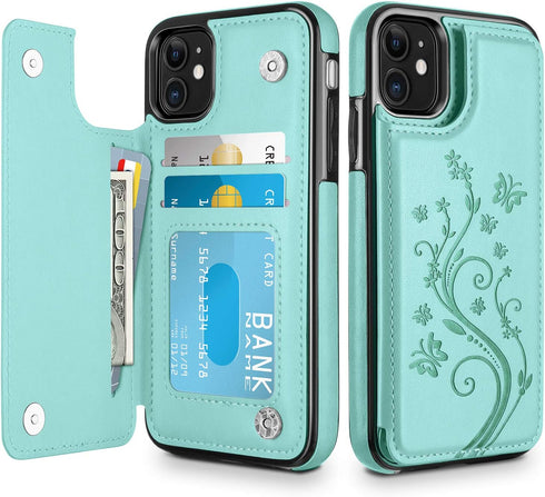 HianDier Slim Wallet Case for iPhone 11, 6.1-inch Protective Flip Folio with Credit Card Slot, Green