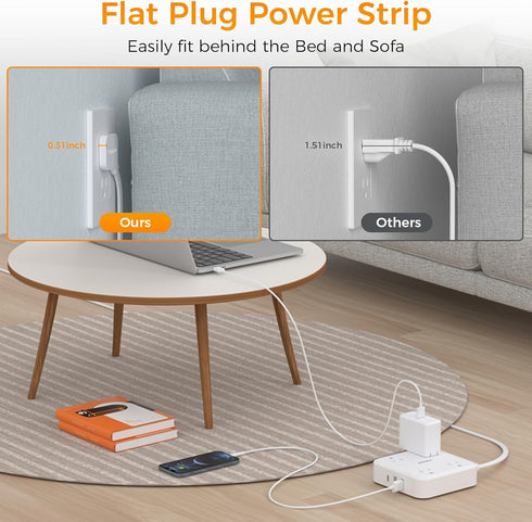 Long Flat Extension Cord 15 ft with TESSAN Surge Protector Power Strip and 4 Outlets