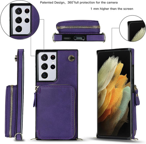 Asuwish Wallet Case for Samsung Galaxy S21 Ultra 5G - Leather, Zipper Card Holder, Tempered Glass Protector, Purple.