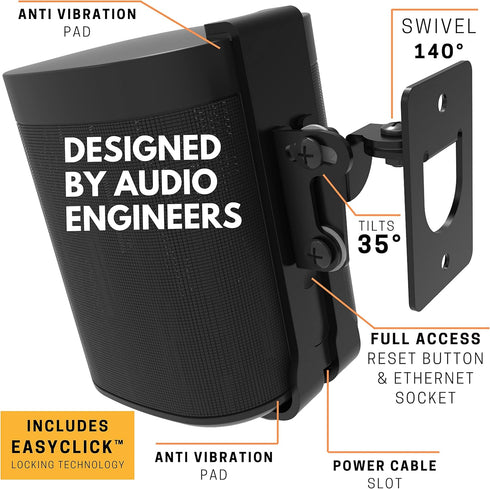 ONE, ONE Gen 2, ONE SL, Play:1 Wall Mount Bracket, Black, Compatible with Sonos ONE Series