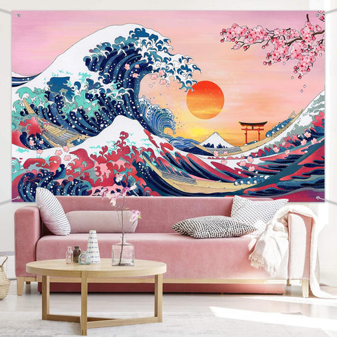 Ocean Wave Tapestry - Japanese Kanagawa Great Wave Cherry Blossom Nature Sunset Background Wall Hanging, 72.8 x 43.3