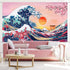 Ocean Wave Tapestry - Japanese Kanagawa Great Wave Cherry Blossom Nature Sunset Background Wall Hanging, 72.8 x 43.3