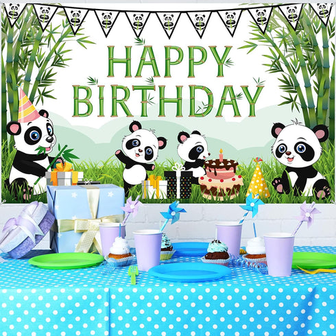 Cartoon Panda Birthday Decorations, Panda Backdrop for Party Supplies, Green Bamboo Background for Kids Birthday Party