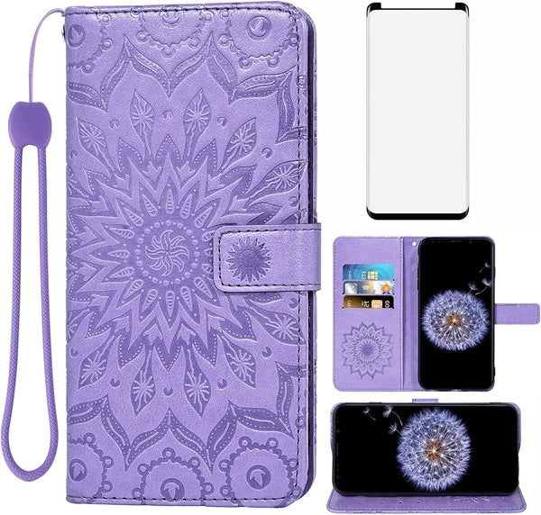 Samsung Galaxy S9 Plus Wallet Case with Tempered Glass Screen Protector, Leather Flip Cover (Purple)