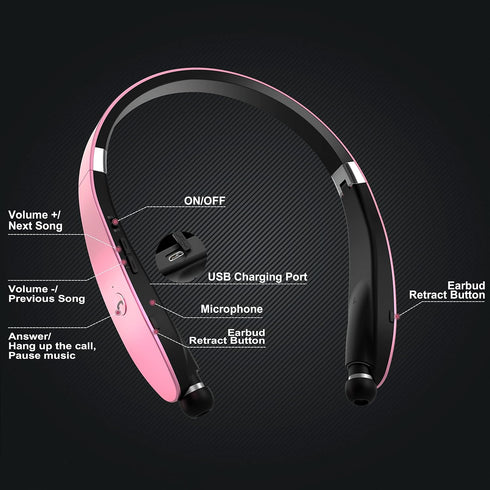 Foldable Bluetooth Headphones, Wireless Neckband Headset with Retractable Earbuds, Noise Cancelling