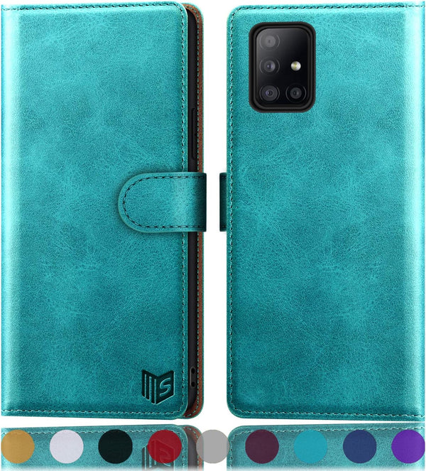 SUANPOT Leather Wallet Case for Samsung Galaxy A71 5G, RFID Credit Card Holder, Shockproof Flip Folio Cover, Blue Green