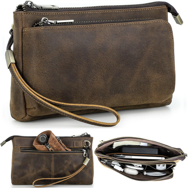 Portable Compact Travel Tech Kit, Electronic Organizer Zipper Bag, Handmade Top Grain Leather Pouch Fits Phone, USB