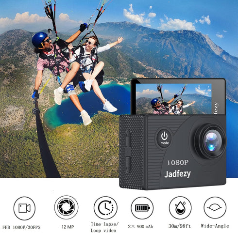 Jadfezy 1080P 32GB 98FT/30M 2 Action Camera FHD with Card, Underwater Waterproof Camera with Rechargeable Batteries