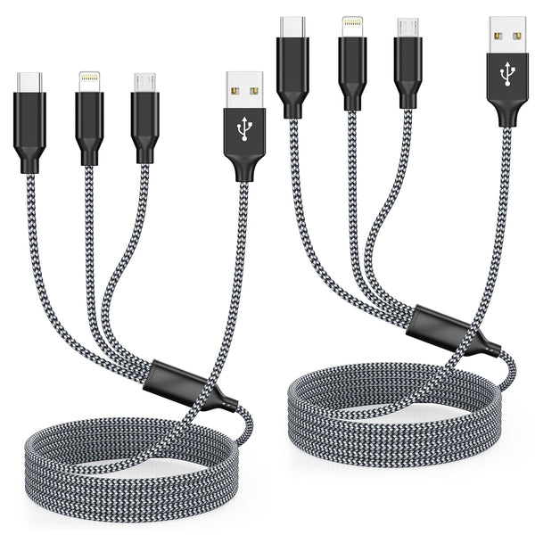 Multi Charging Cord 4ft, 2Pack Nylon Braided Apple MFi Certified iPhone Charger, 3 in 1 Lightning Cable