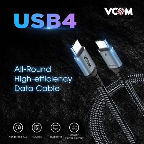 VCOM 4 FT USB 4 Cable for Thunderbolt 4: 100W, 40Gbps, 8K@30Hz, Dual 4K, Compatible with MacBooks, Hubs, Docks.
