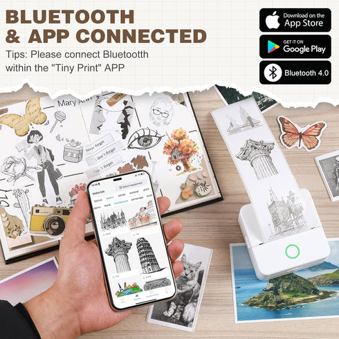 Thermal Mini Printer, Portable Inkless Sticker Maker, Bluetooth Printer for Phone, Wireless Label Printer with Tape, Free Cut Small Pocket Printer for Notes&Children DIY, Compatible with iOS&Android