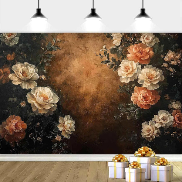 Drgilau 12X10ft Brown-2 Vintage Floral Photography Backdrop, Retro Oil Painting Flowers Photography Backdrop Abstract