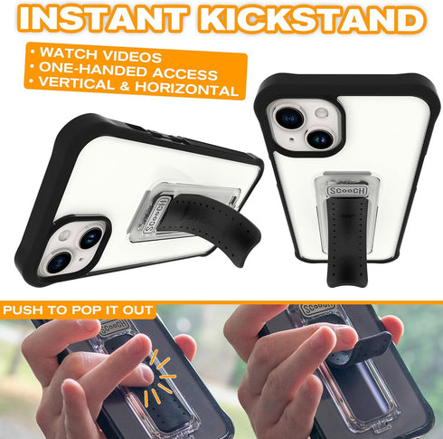 Scooch Wingman Case for iPhone 15 Plus with Stand, Military Grade Drop Protection, Pop-Out Kickstand - Tuxedo Clear
