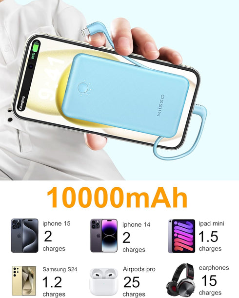 miisso Ultra Slim 10000mAh Power Bank with Built-in Cables, Pocket Size USB C Portable Charger
