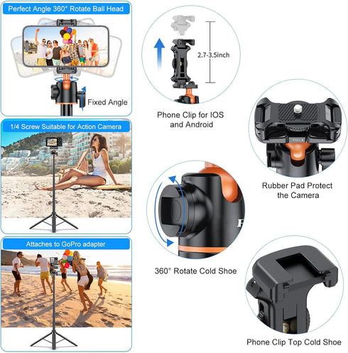 YicDofu 54"/1.4m 360 Phone Selfie Stick Tripod, Ball Head Adjustable Portable Stand with Phone Clip Lightweight