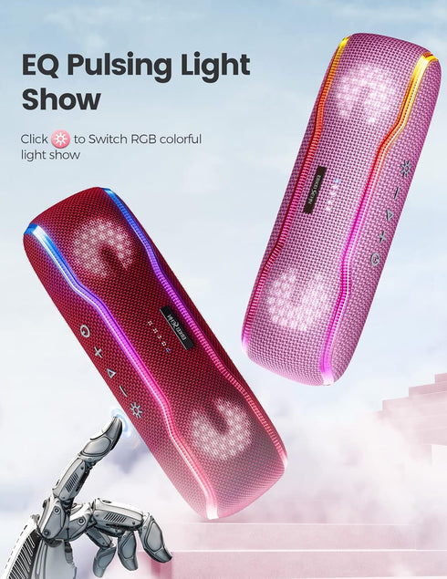 Portable Bluetooth Speaker, IPX7 Waterproof, Colorful Flashing Lights, 24H Playtime, Pink