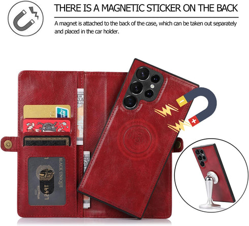 Asuwish Wallet Detachable Cover for Samsung Galaxy S23 Ultra 5G, Leather Flip Credit Card Holder with Magnetic Back, Red